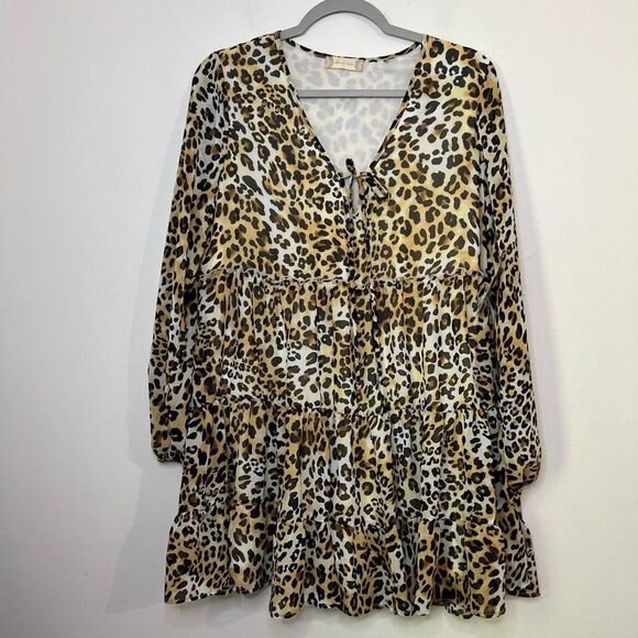 NWT Altar'd State Leopard Print Long Sleeve Flowy Tiered Mini Dress Size S - Picture 1 of 13